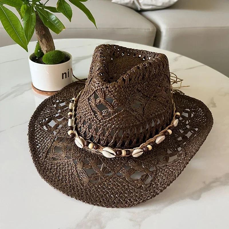 1Pc Summer Bohemian Shell Straw Hat Beach Women Men Cowboy Hats Wooden Beads Hollow Out Western Wide Brim Sun Hat Holiday Cap