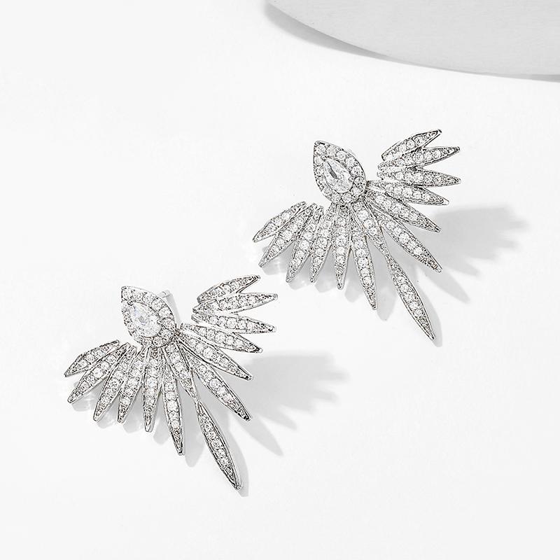 Elegant Cubic Zirconia Feather Earrings White Gold Color Crystal Zircon Statement Stud Earring Luxury Wedding Zircon