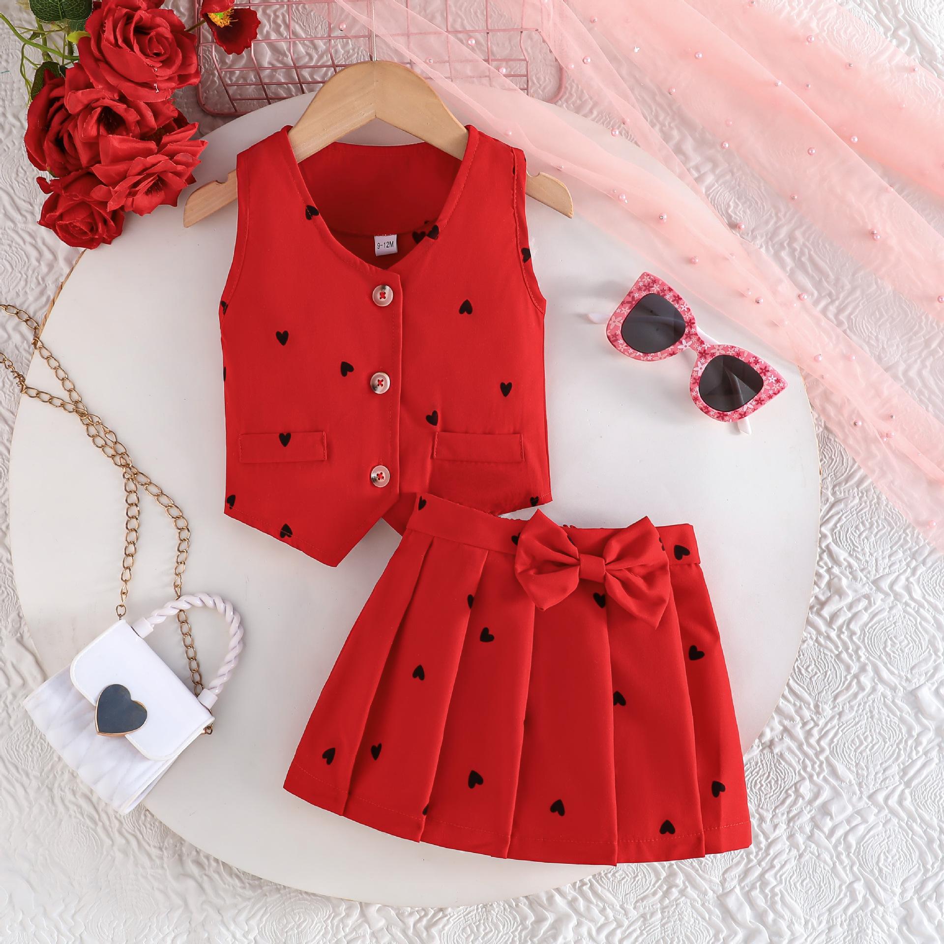 Baby Girl Summer Outfit Sweet Heart Pattern Children s Set Princess Style Sleeveless Vest Dress 2-3Y красный