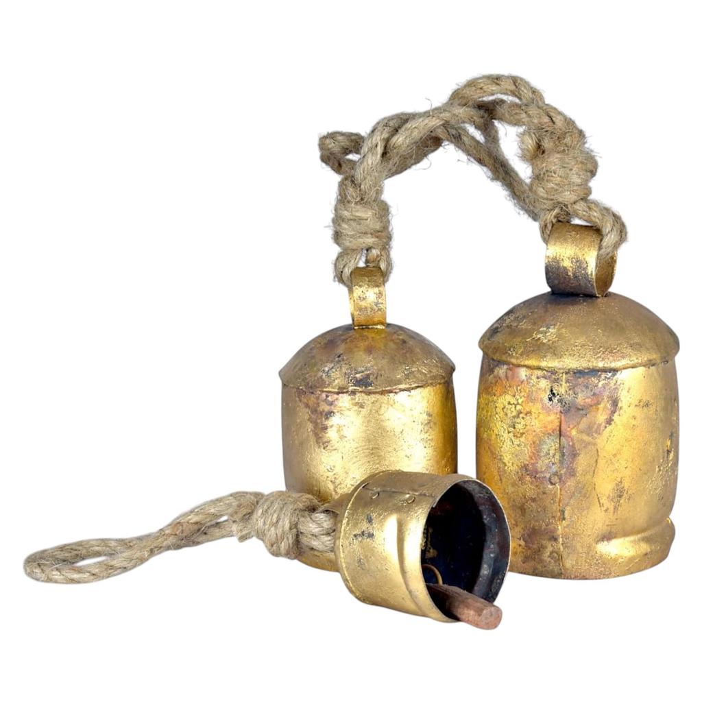 Set of 3 Large Rustic Iron Hanging Bells for Farmhouse Decor Cow Bell 2.5", 4.5", 5.5", Vintage Gold Christmas Ornaments with Jute Rope for Crafts