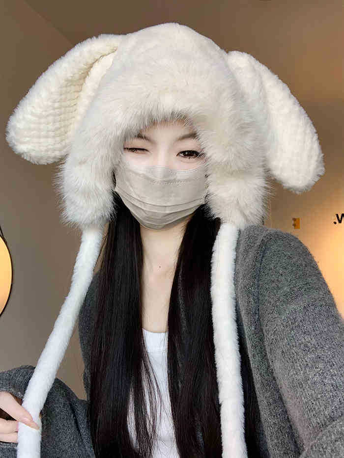 Winter Hat Female Fluffy Cute Rabbit Ears Lei Feng Hat Warm Ear Protection Hat Thickened Pullover Hat