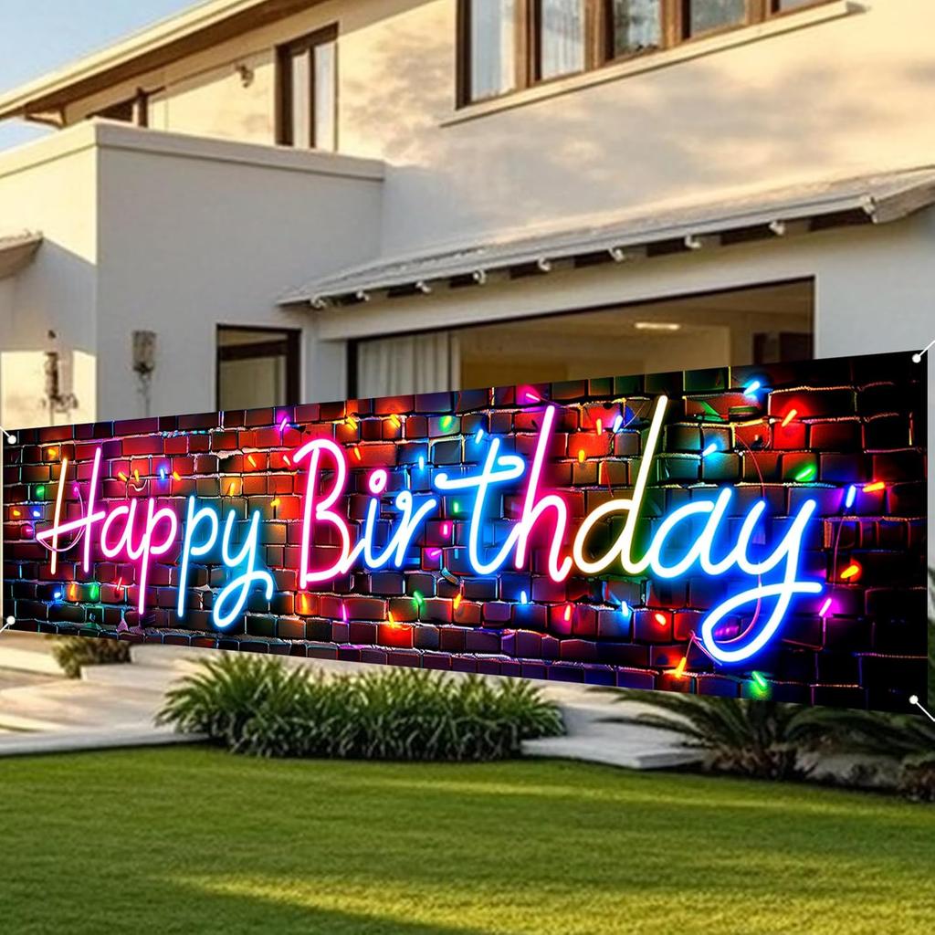 Nuxovilar Happy Birthday Yard Banner - 78.7x17.7 Inch Brick Wall with Colorful String Lights,Happy Birthday Yard Design, Outdoor/Indoor Giant