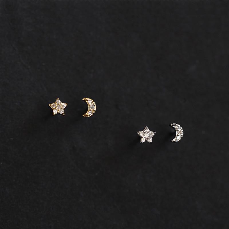 14K Gold-Plated S925 Sterling Silver Star & Moon Asymmetrical Stud Earrings - Cute Korean/Japanese Style. Silver Pair (Includes Silver Earring Backs)