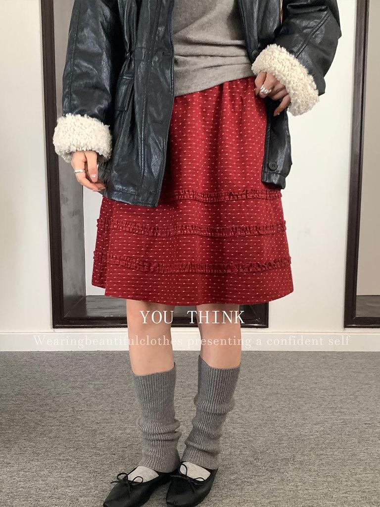 Winter Korean Patchwork Lace Polka Dot Midi Skirt for Women