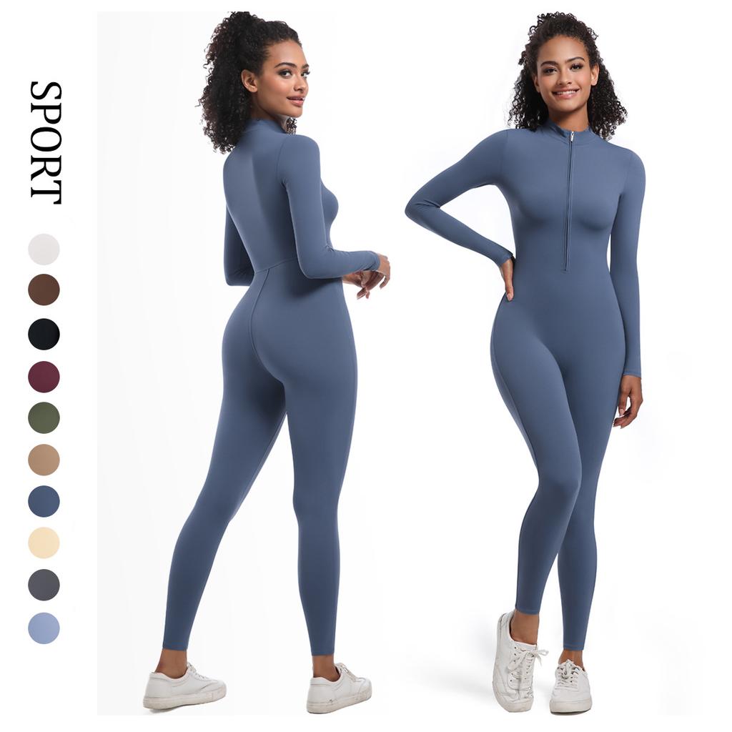 Zipper Nude Long Sleeved Jumpsuit Yoga Suit, Quick Drying And Tight, High Strength Running And Fitness Jumpsuit For Women