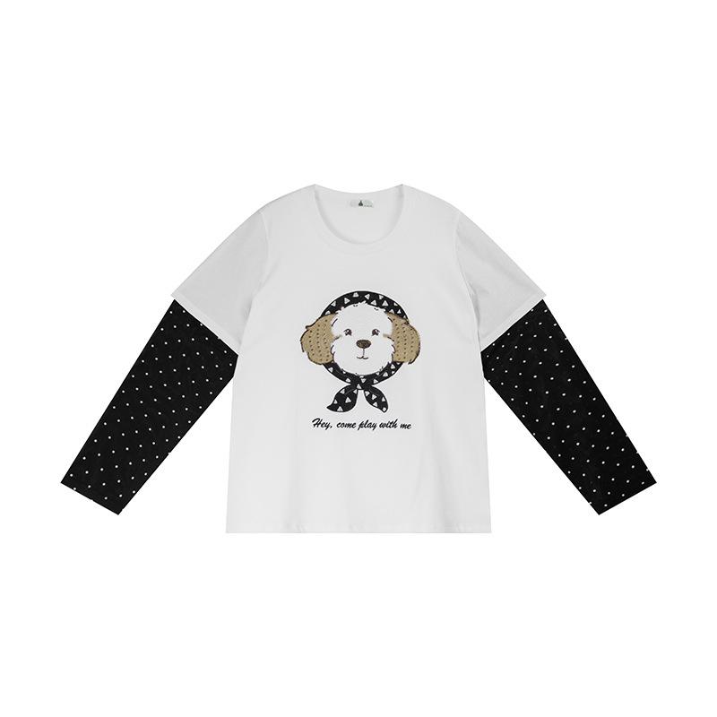 

Shuangtian 2026 Plus Size Women s T-Shirt with Mesh Sleeves & Cartoon Embroidery 2XL белый