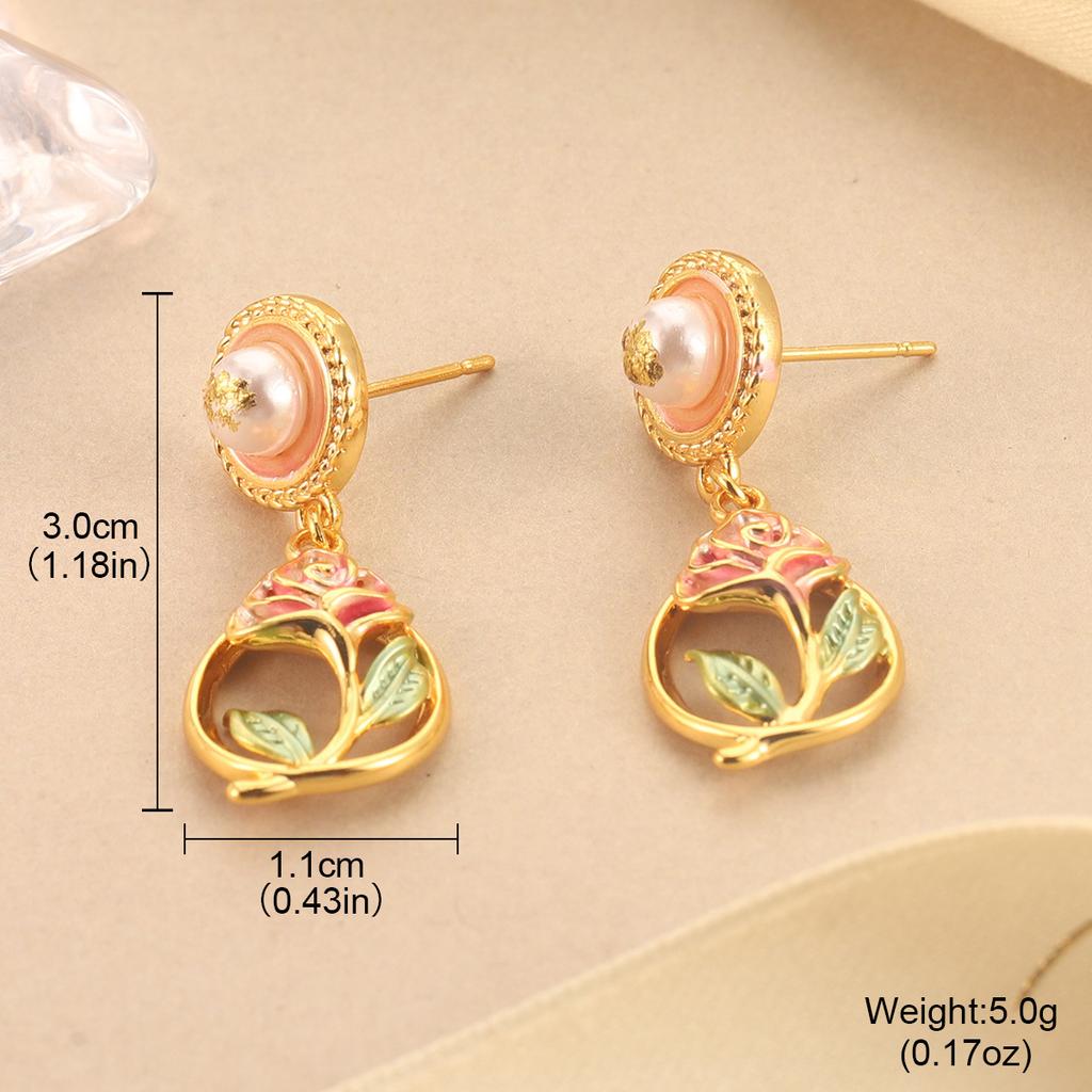 Flower Pearl Stud Earrings Enamel Oil Dripping Flower Mini Love Mori Design Sense Light Luxury Earrings Women
