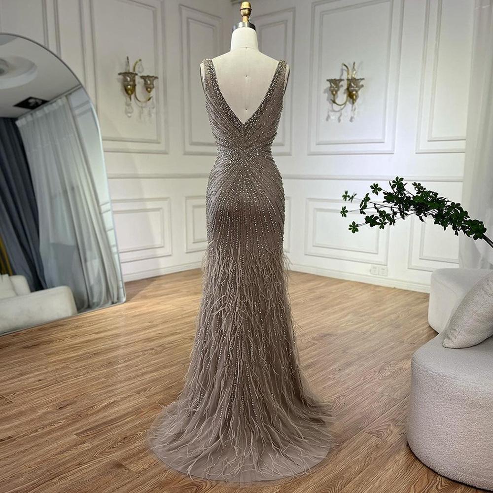 European and American luxury caramel color suspender beads fish tail high-end atmosphere host banquet evening dress LA11111