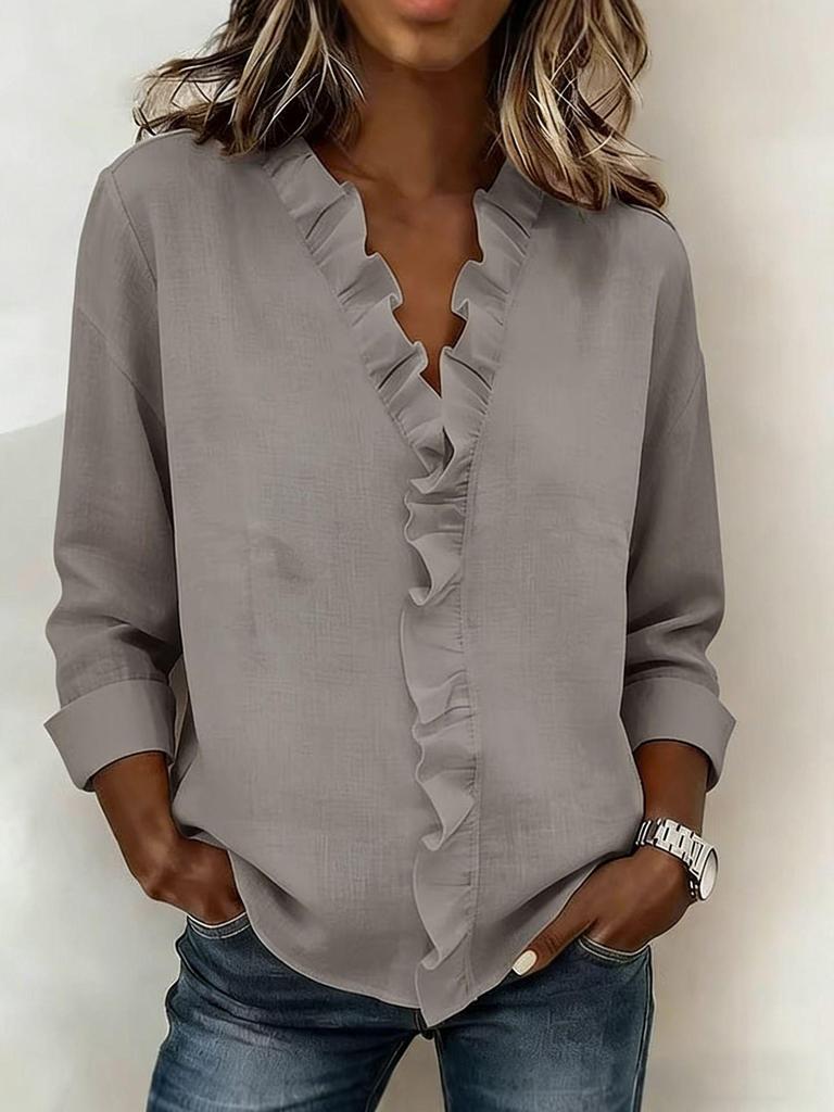 European Spring 2026 Women's Ruffle Trim Long-Sleeve Cotton Shirt