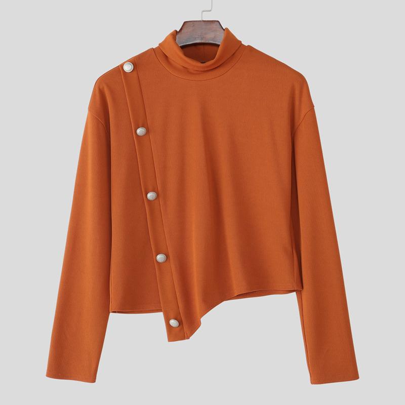 

INCERUN Autumn Men High Neck Long Sleeve Cropped Irregular Rib Pullover Tops M оранжевый