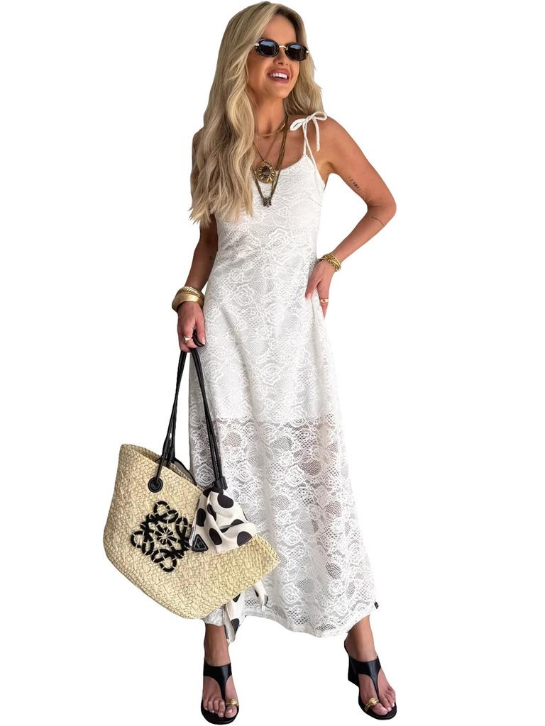 European and American Strappy Lace See-through Square Neck Slimming Long Dress for Spring and Summer.