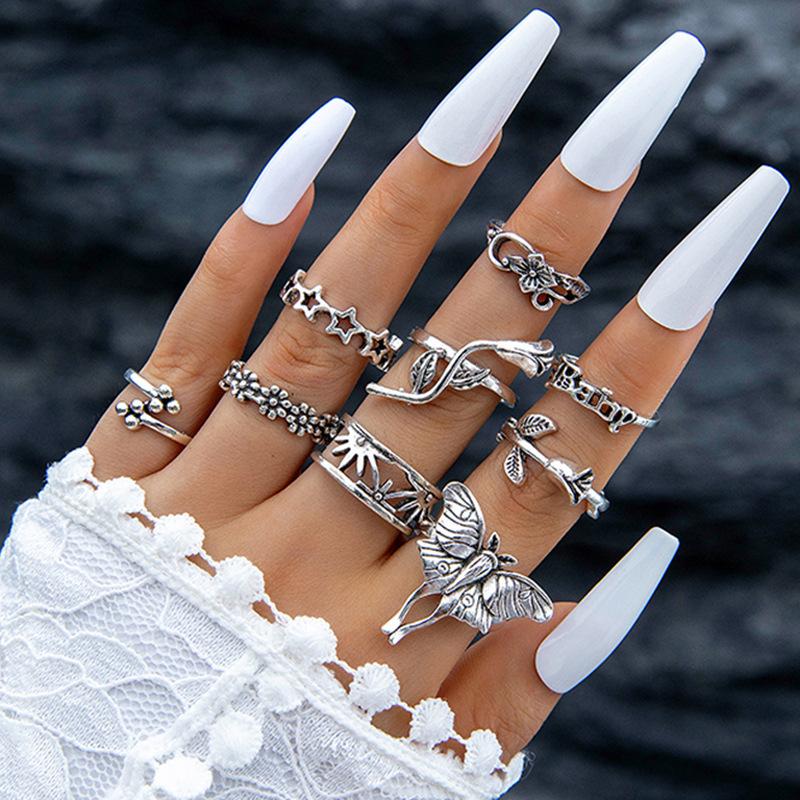 European and American punk dark butterfly skull cut-out face ring multi-piece set personality trend distressed ring set