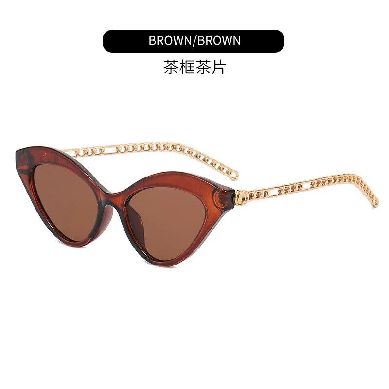 Cat Eye Zonnebril Dames Mode Luxe Vierkante Zonnebril Vrouwelijk Metalen Ketting Monturen Klein Montuur Zwart goud Oculos De Sol