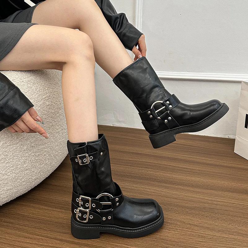 Fashion 2025 Ladies Shoes Slip-on Women's Boots Fashion Metal Decoration Modern Boots Women New Versatile Retro Rome Mid-Calf Boots