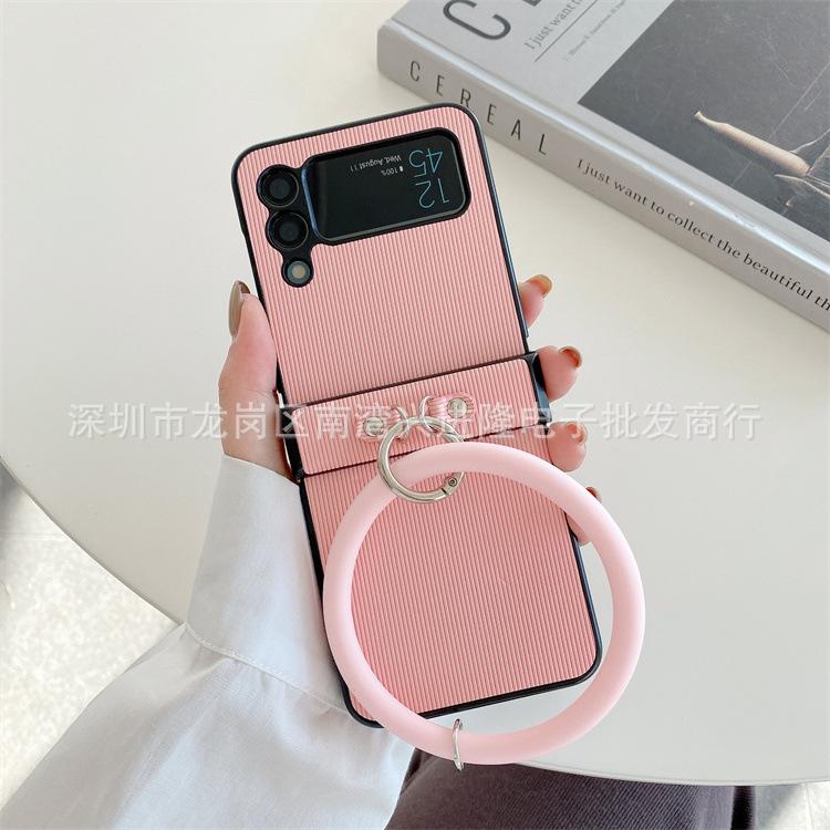 Applicable To Samsung ZFlip3 Mobile Phone Case Solid Color Twill Hand Hanging Ring Zflip4 Japanese and Korean Back Cover Integrated Hard Prot