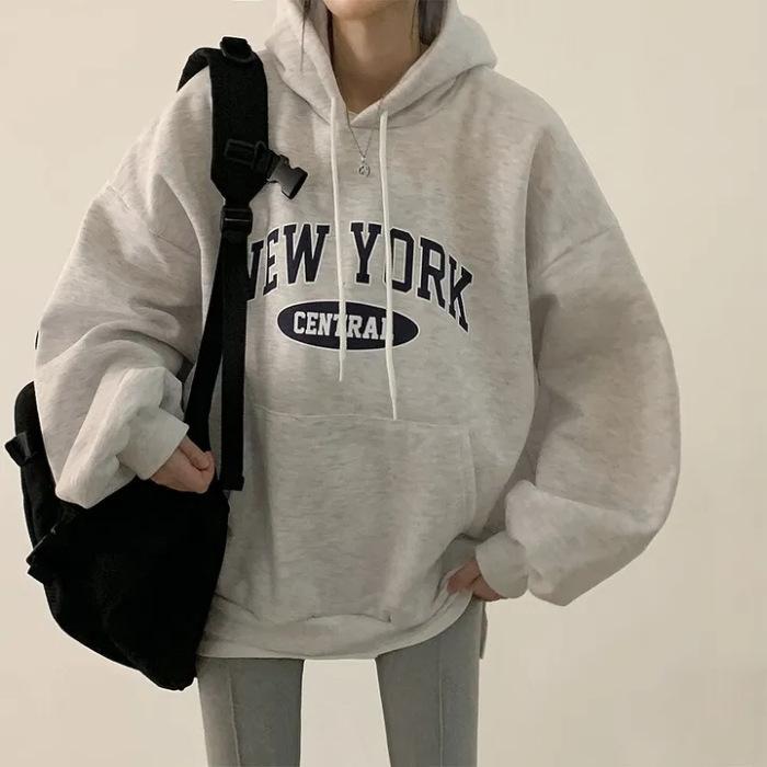Fleece and thicker Korean version of niche casual hooded sweater women's ins lazy style design sense letter printing women's coat