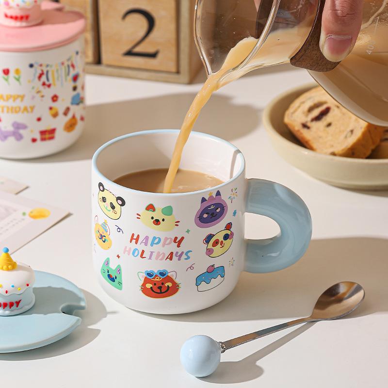 Mug Ceramic Water Cup with Lid Cute Creative Goodies Children Birthday Gift Cake Girl Cartoon