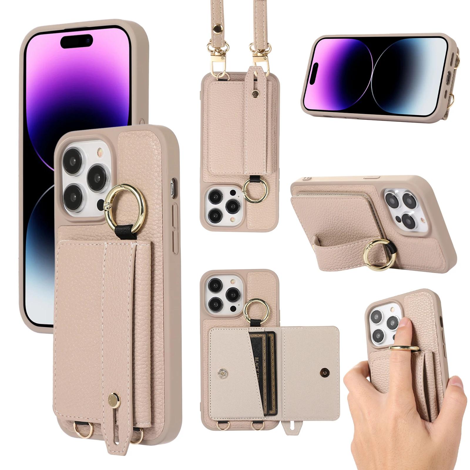 

Чехол-кошелек с ремешком через плечо для iPhone 15, 14 Plus, 13, 12, 11 Pro Max, держатель для карт, кожаный чехол-кошелек с ремешком на запястье iPhone 14