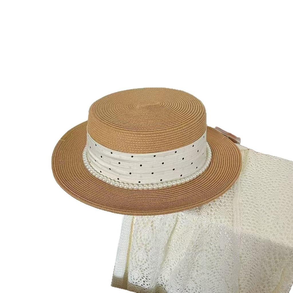 Flat top straw hat women's summer seaside vacation polka dot sun hat pastoral literary and retro top hat
