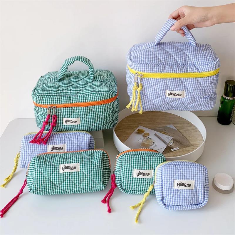 3pcs/Set Plaid Cosmetic Bag Set Simple Style Large Capacity Portable Cosmetic Tools Storage Bag for Home Bathroom Toiletry Bag