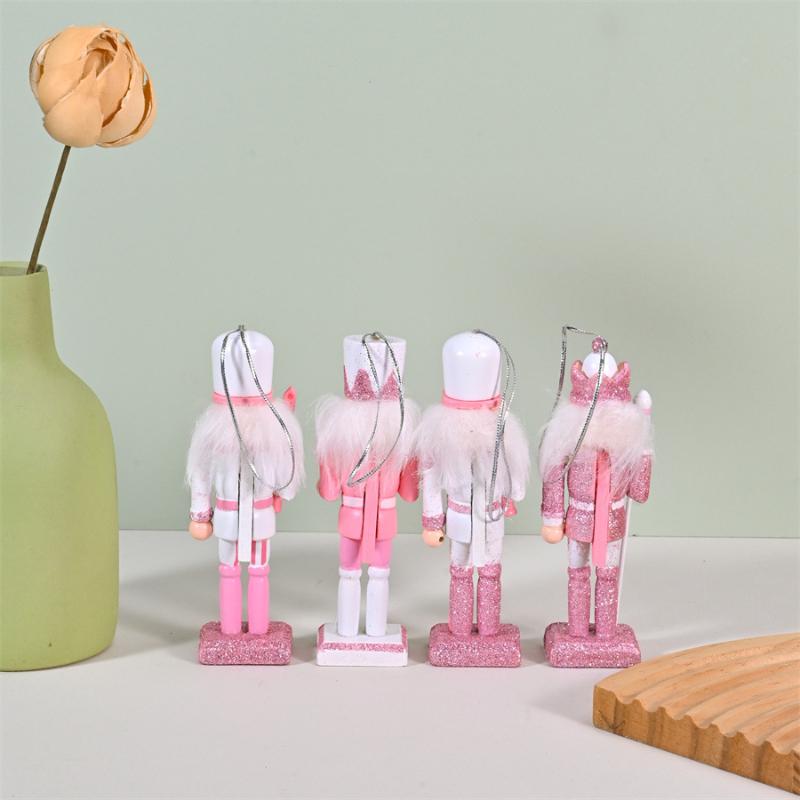1/4Pcs Soldier Home Desktop Ornament Nutcracker Puppet Christmas Tree Pendant Pink Wooden Handicraft Xmas New Year Decoration