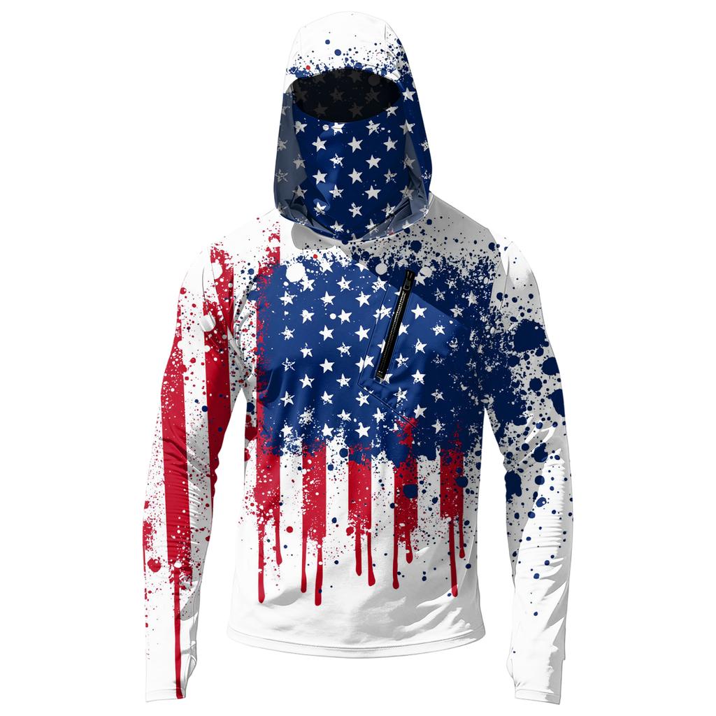 Men’s Casual Hooded Long Sleeve Sun Protection Top with Independence Day Themed Print and Front Zipper Pocket Design