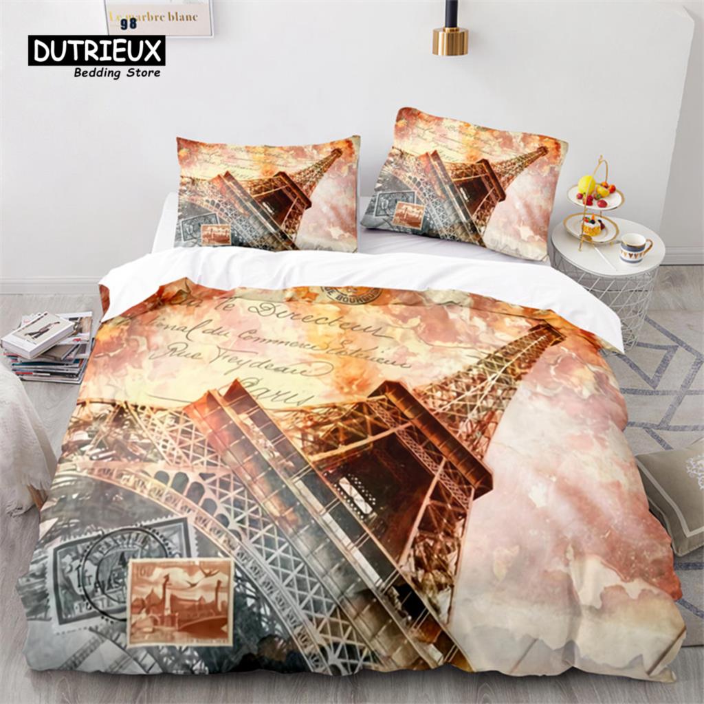 Eiffel Tower Duvet Cover Microfiber Paris Cityscape In The Clouds Bedding Set King Size For Kids Adults Romantic Comforter Cover