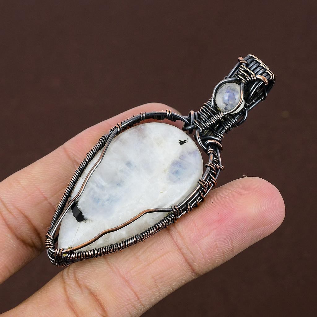 Rainbow Moonstone Gemstone Copper Wire Wrap Jewelry Pendant 2.95"