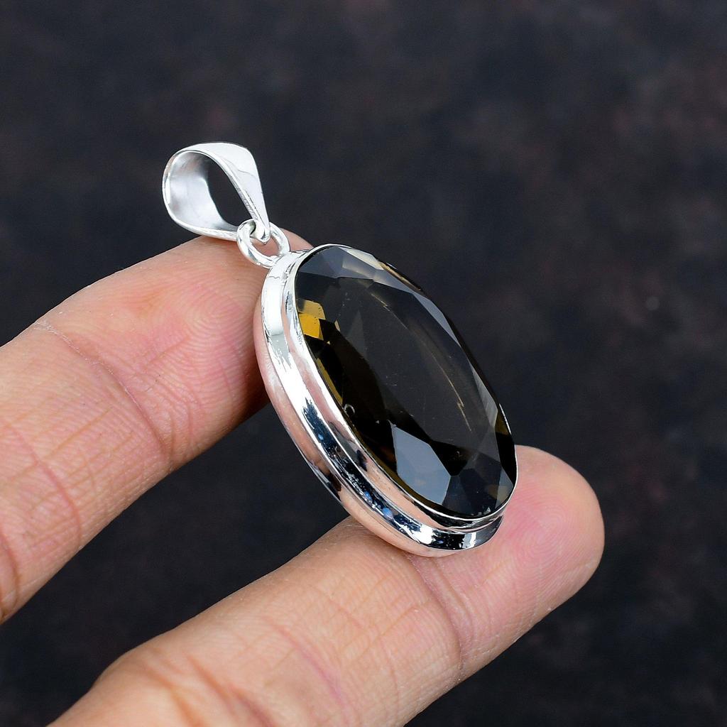 Faceted smoky quartz pendant natural gemstone pendant handmade jewelry 925 sterling silver pendant unique pendant decent jewelry for gifts