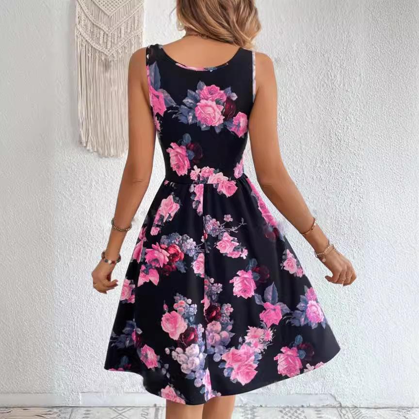 2024 Dámské šaty bez rukávů s potiskem a kulatým výstřihem