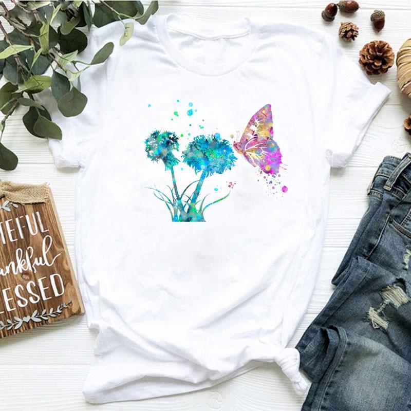 Women's dandelion floral print letter t-shirt - Trendy women's T-shirt with short sleeves Summer polyester fabric