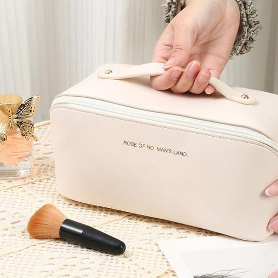 Travel Cosmetic Bag Open Flat Waterproof Faux Leather Makeup Bag Toiletry Organizer with Multiple Compartments for Vacation Trip