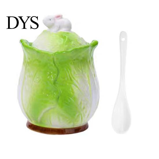 Salt And Sugar Cellar Ceramic Cabbage Shaped Lard Jar with Lid Spoon, 350ml Kitchen Sealed Sauce Pot Spoon Seasoning Container, Multi Purpose Storage