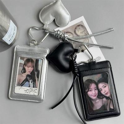 Portatarjetas Fotográficas Ins Negro PU Almacenamiento de Tarjetas de Crédito 3 en 1 Cubierta Protectora para ID de Estudiante Llavero para Portatarjetas Fotográficas de Ídolo Kpop Bolso Regalo