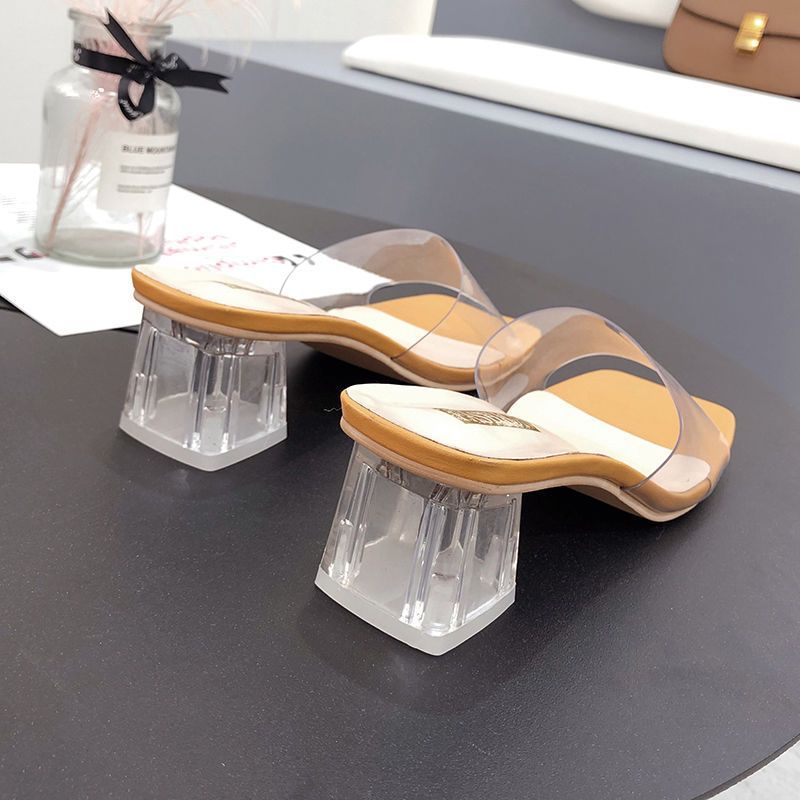 2025 New Summer Fashion High Heel Outer Wear Coarse Heel Medium Heel Soft Leather Transparent Crystal and Cool Slippers Outdoor Half Slippers