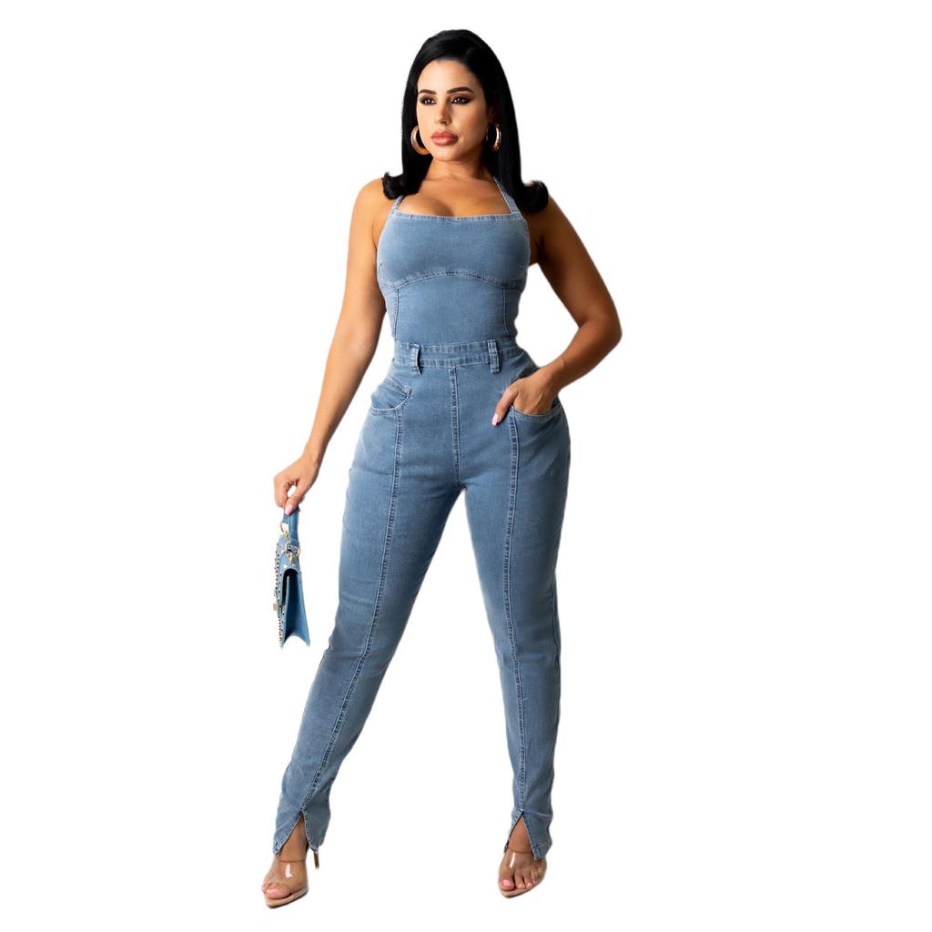 European American Casual Slim Backless Bandage Denim Jumpsuit