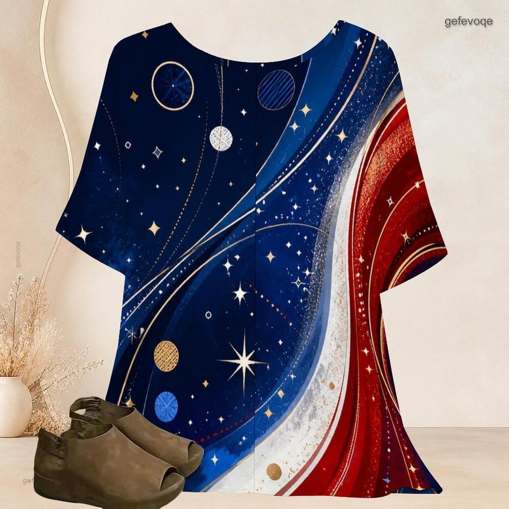 Women Plus Size Round Neck Batwing Short Sleeve Top Star Planet Cosmic Wave Print Loose Casual Tunic Blouse