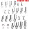 600-piece Stainless Steel Hex Bolt and Nut Kit, M3 M4 M5 M6 for Industrial Equipment and Home Maintenance.