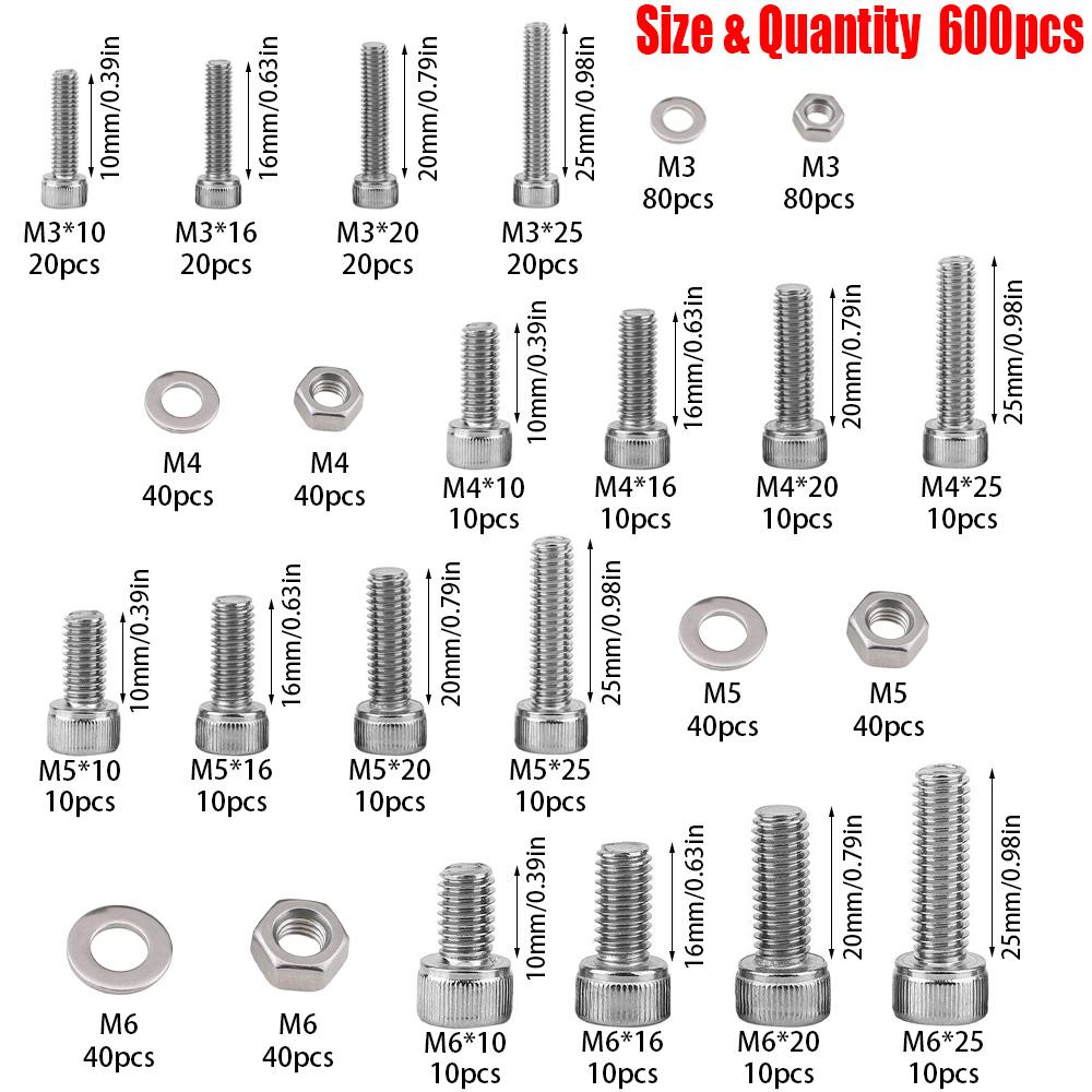 600-piece Stainless Steel Hex Bolt and Nut Kit, M3 M4 M5 M6 for Industrial Equipment and Home Maintenance.