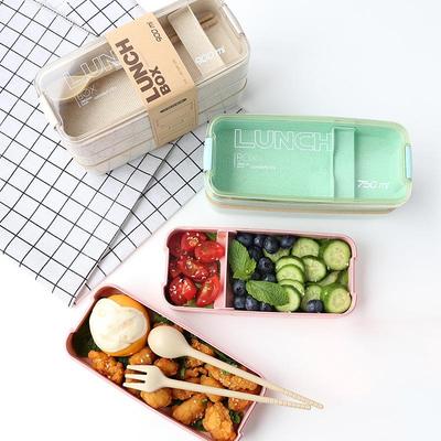 Dreilagige Bento-Box aus Weizenstrohfaser mit Besteck, anpassbares Logo.