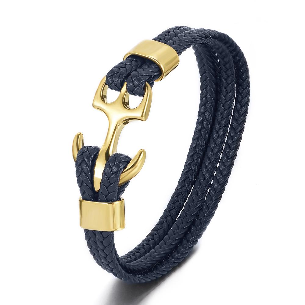 Handmade 18K Gold Plated 316L Stainless Steel Leather Animal Shape Punk Anchor Cuff Bracelet Braided for Men