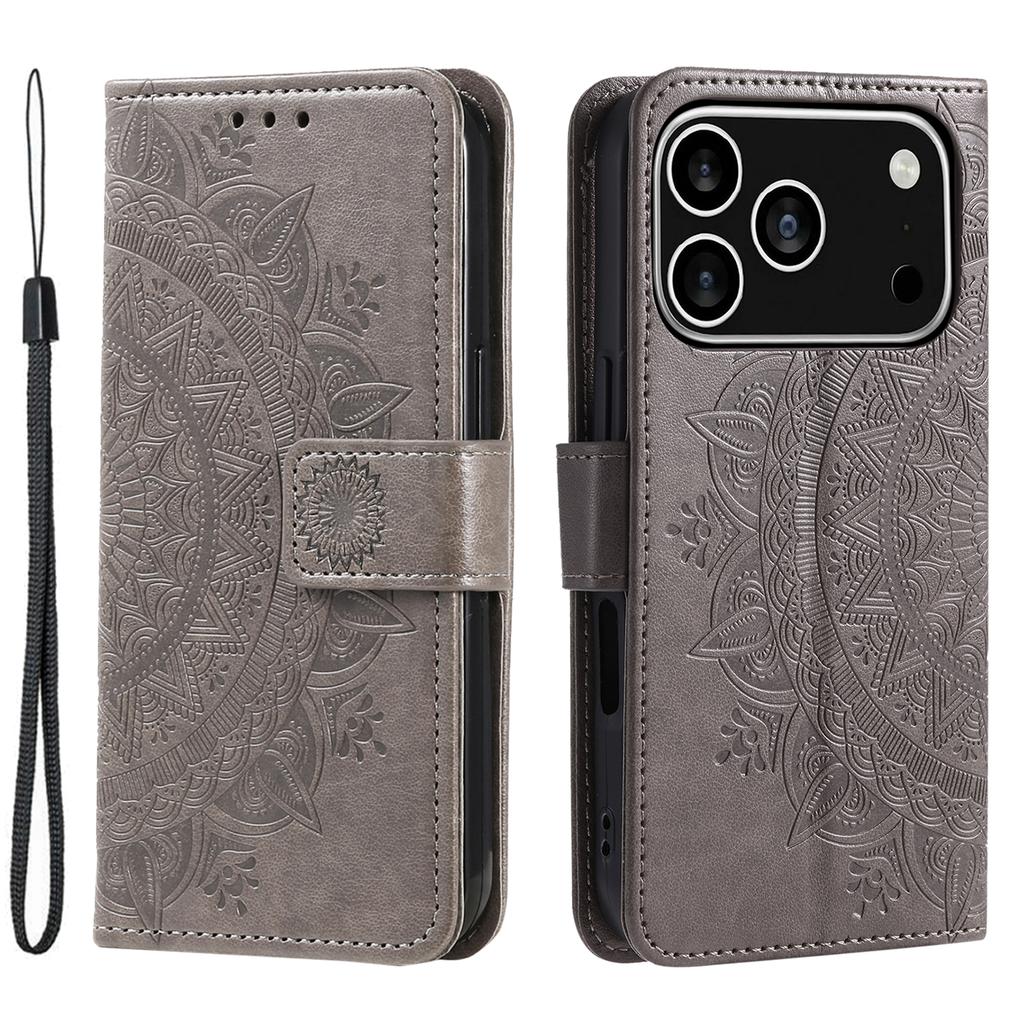 For iPhone 17 Pro Stand Case Imprinted Totem PU Leather Wallet Phone Cover with Wrist Strap