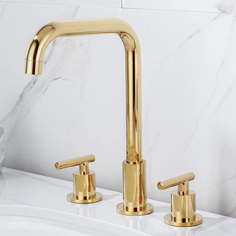 Bathroom Sink Faucet Dual Handle Gold Chrome hot & cold water Deck mounted Sink Faucets gold 3 hole 8 inch Basin tap