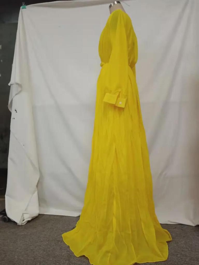 Retro Šifonové Žluté Dlouhé Šaty s Vysokým Pasem a Páskem