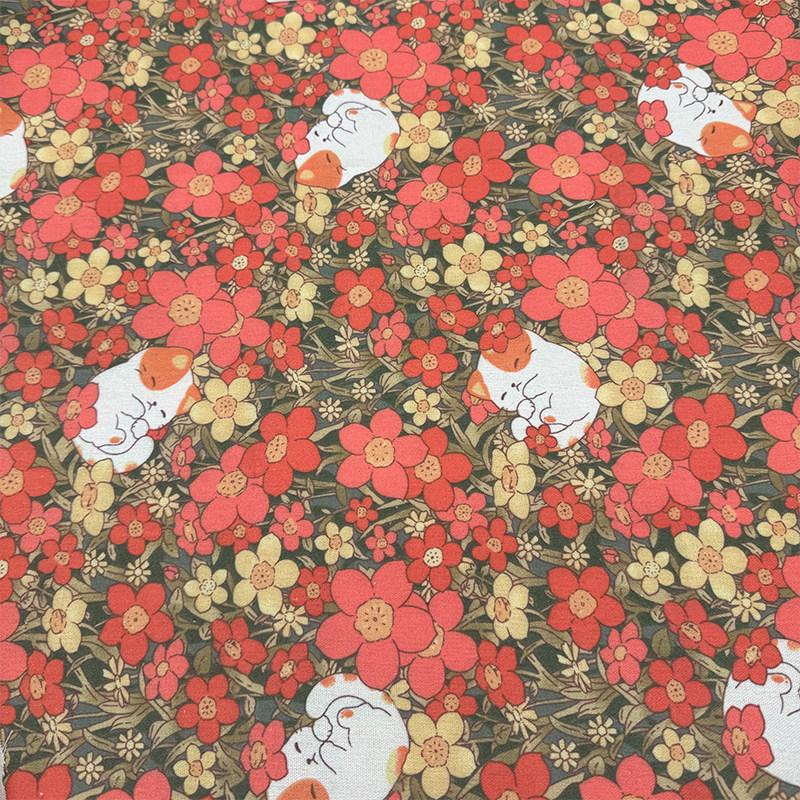 0.5m/1m/2m Encrypted Cotton Linen Cartoon Cat Print Fabric for Book Cover Decorative Tablecloth Sand Cushion DIY Curtain Fabrics