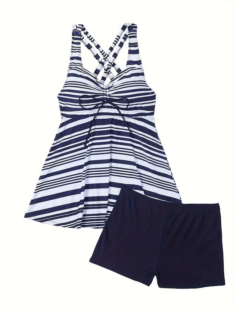 2026 European & American Plus-Size Striped Split Skirt Bikini Bottoms for Women