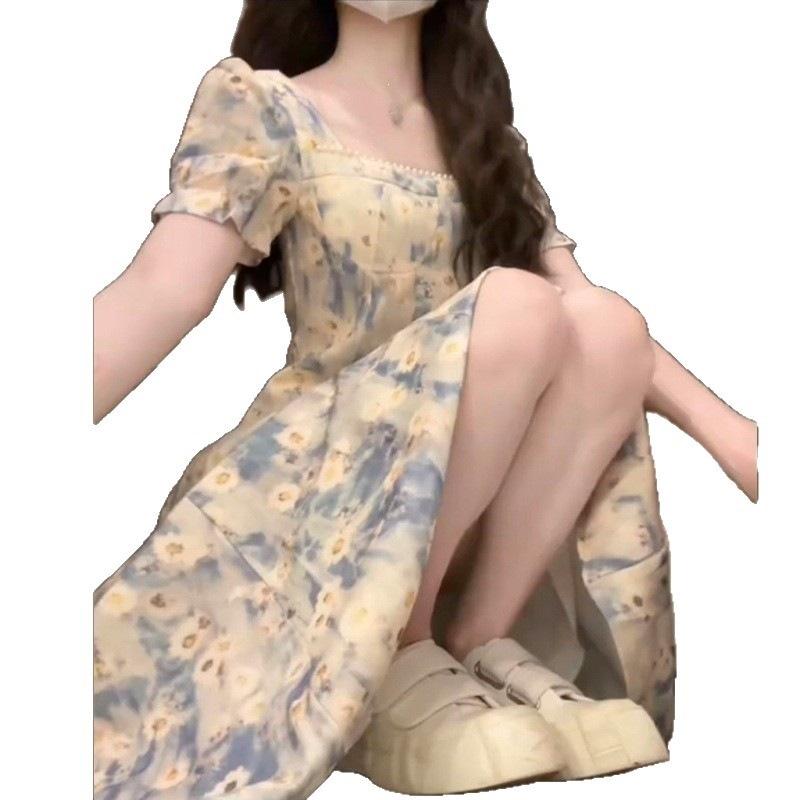 New summer waist shows first love, holiday style travel floral dress, children's French square collar oil painting dress