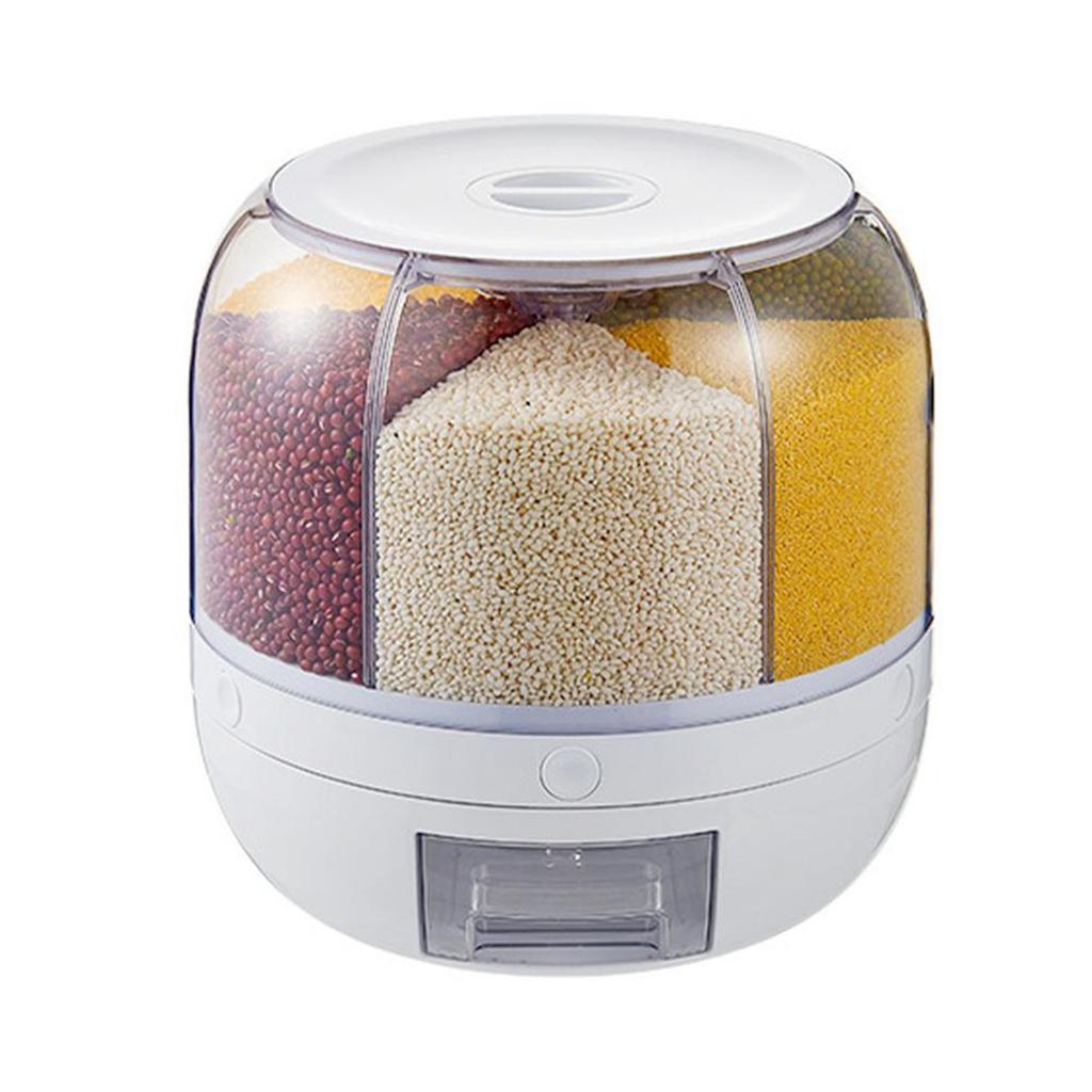 Food Grain Storage Container 6 Grid Rice Dispenser Rotatable Sealed Grain Food Storage Box Large