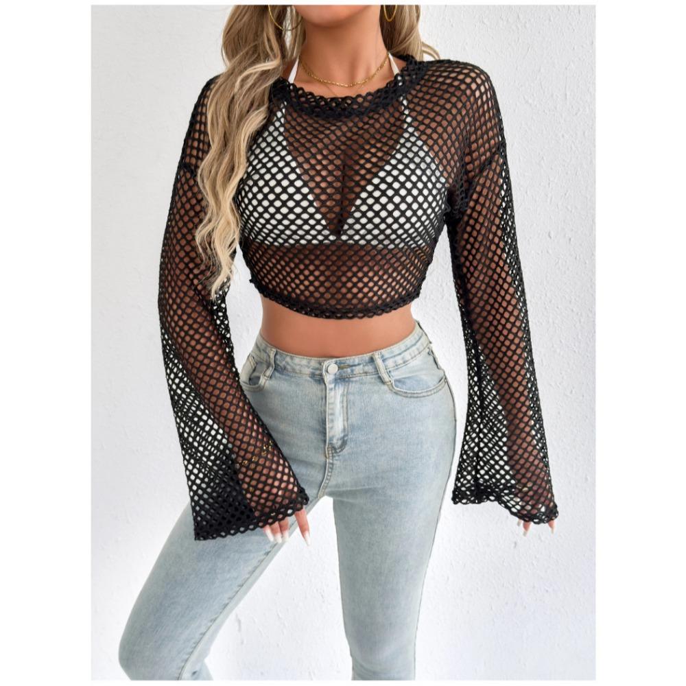 New Casual Perspective Sweater Flared Sleeves Loose Round Neck Hollow Navel Sweater for Women