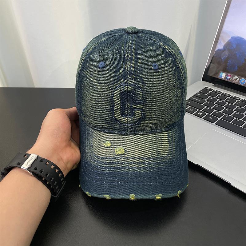 Washed Denim Hat for Men, Korean Style Vintage Sunshade Baseball Cap, Fashionable and Versatile, Embroidered Soft-top Distressed Duckbill Cap for